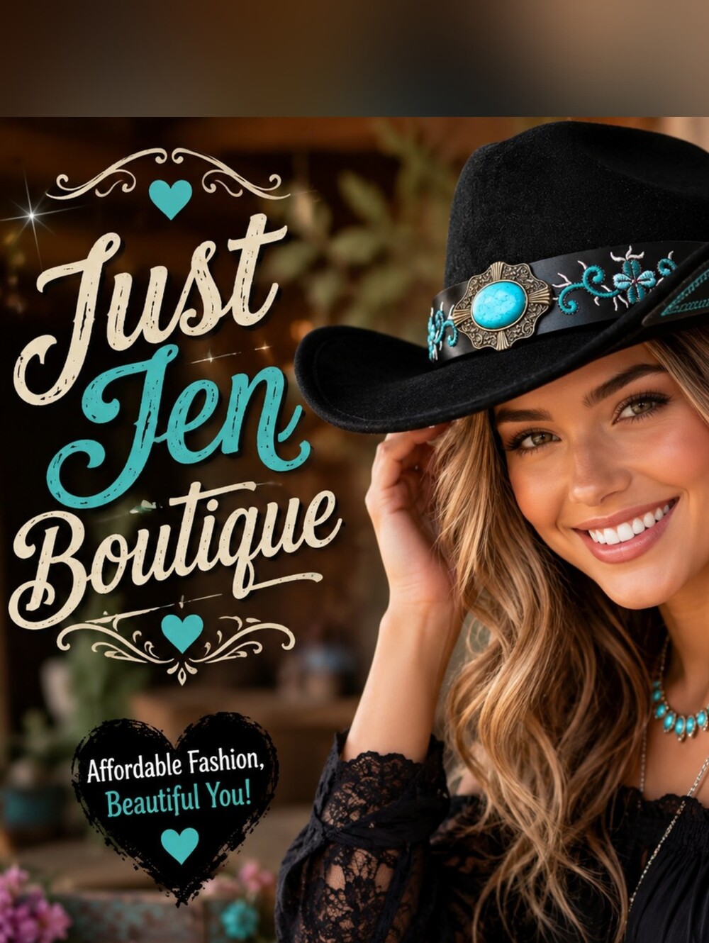 Black Western Cowgirl Hat with Turquoise Embroidery